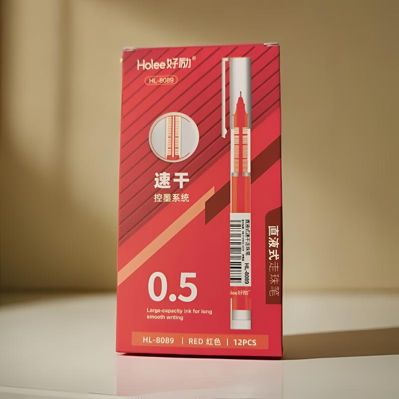好励直液式速干走珠中性笔红笔学生批改考试8089（一盒12支）