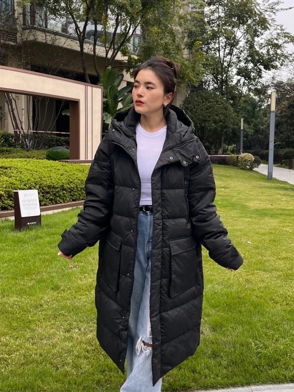 「ZJ」连帽长款加绒外套