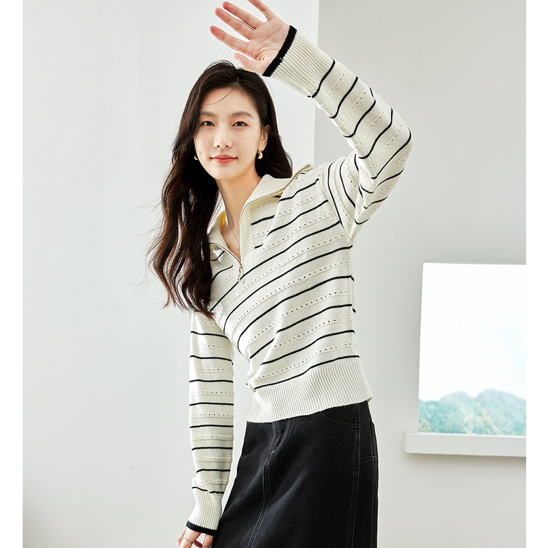 *梵希蔓条纹针织衫半拉链大翻领勾花设计上衣73586