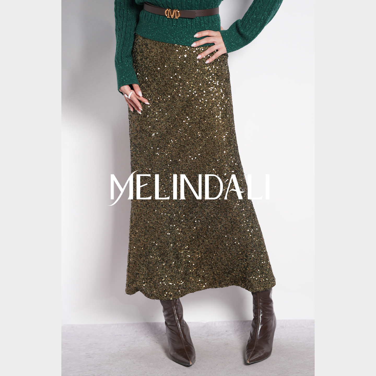 Melinda Li【绿野星河】重工鎏光亮片裙聚会氛围感斜裁鱼尾长半裙