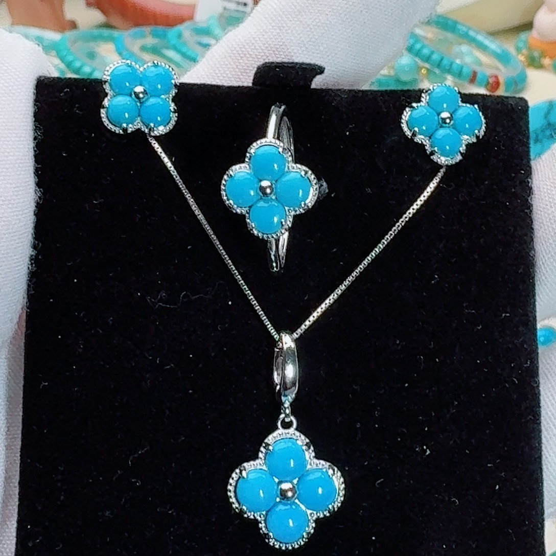 绿松石银S925镶嵌珠宝奇石暴暴蓝四叶草套装