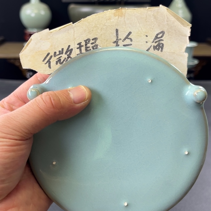 杯天青釉三足洗杯垫微瑕捡漏