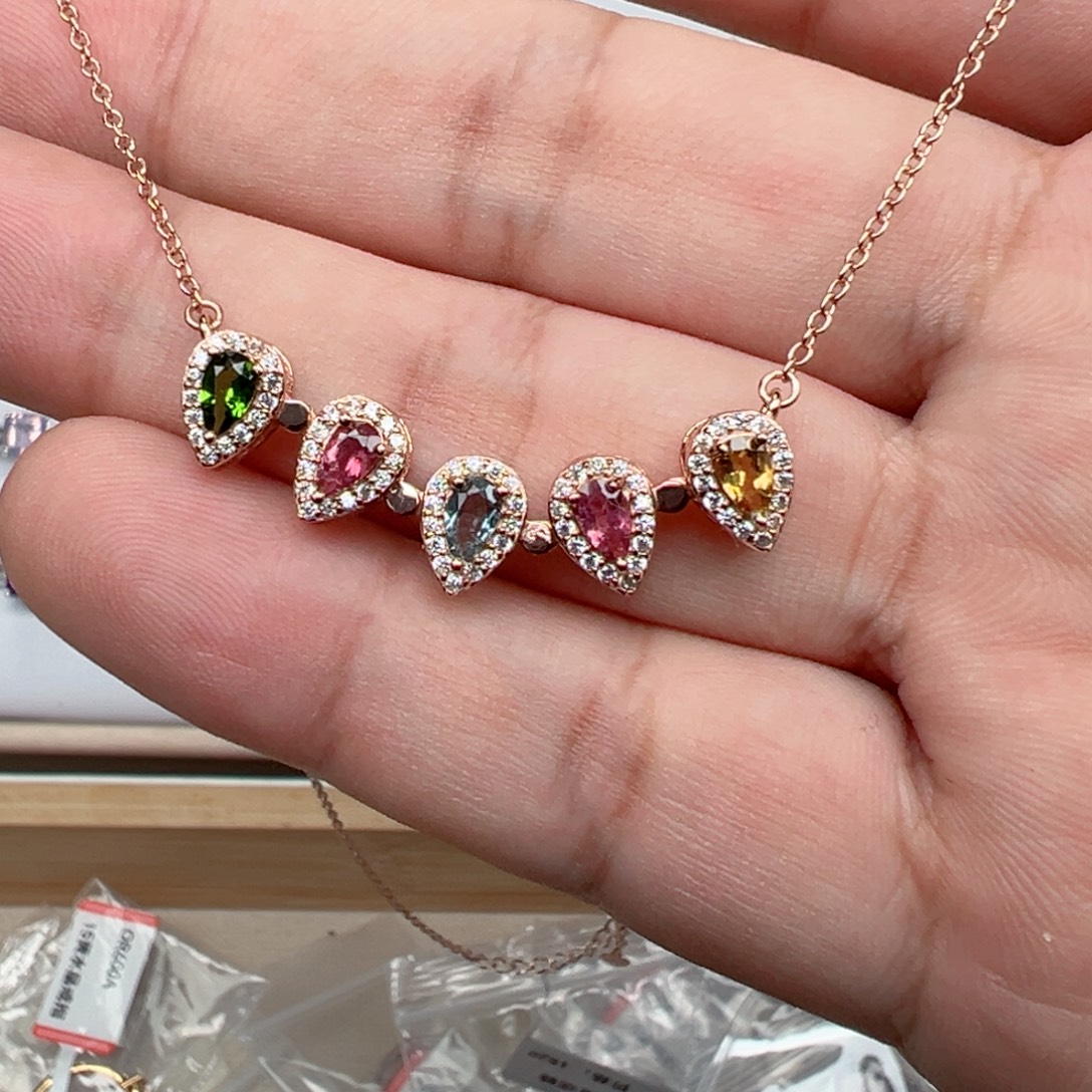 银S925镶嵌碧玺颈饰吊坠