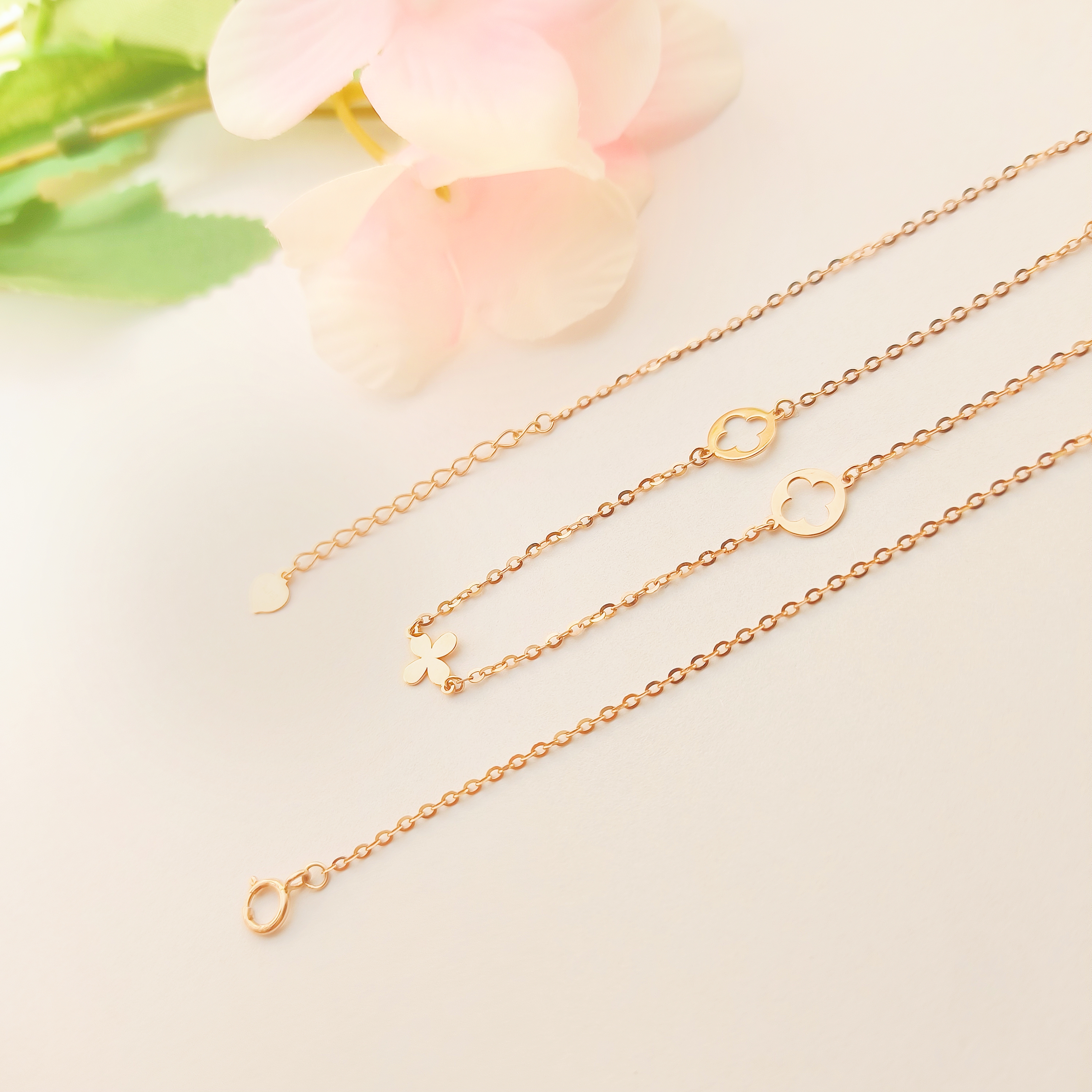 18k金 时尚百搭女士项链 老花玫瑰金精致简约气质女生素金项链