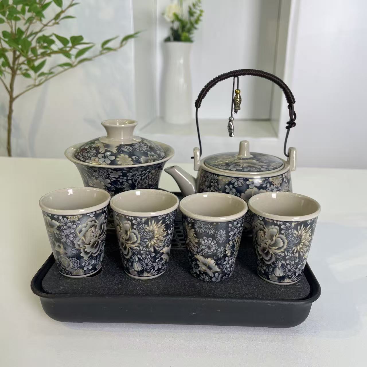 黑金万花提梁壶四杯+盖碗+加盘@ZHZ839