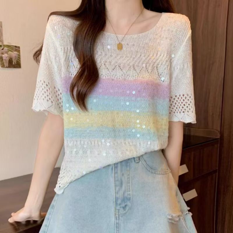 条纹常规款方领薄款彩虹毛针织衫百搭宽松时尚设计感