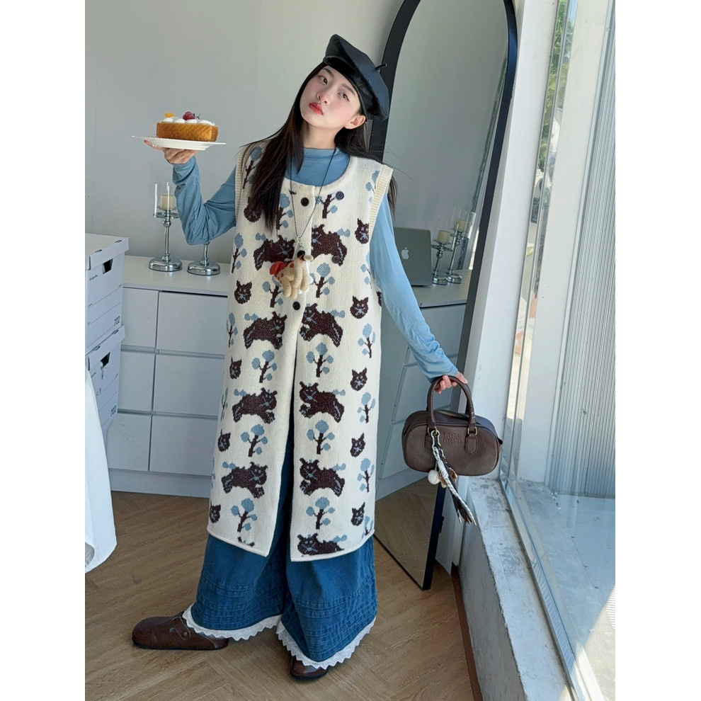 设计感叠穿背心连衣裙打底衫花边阔腿牛仔长裤女童2025春秋三件套