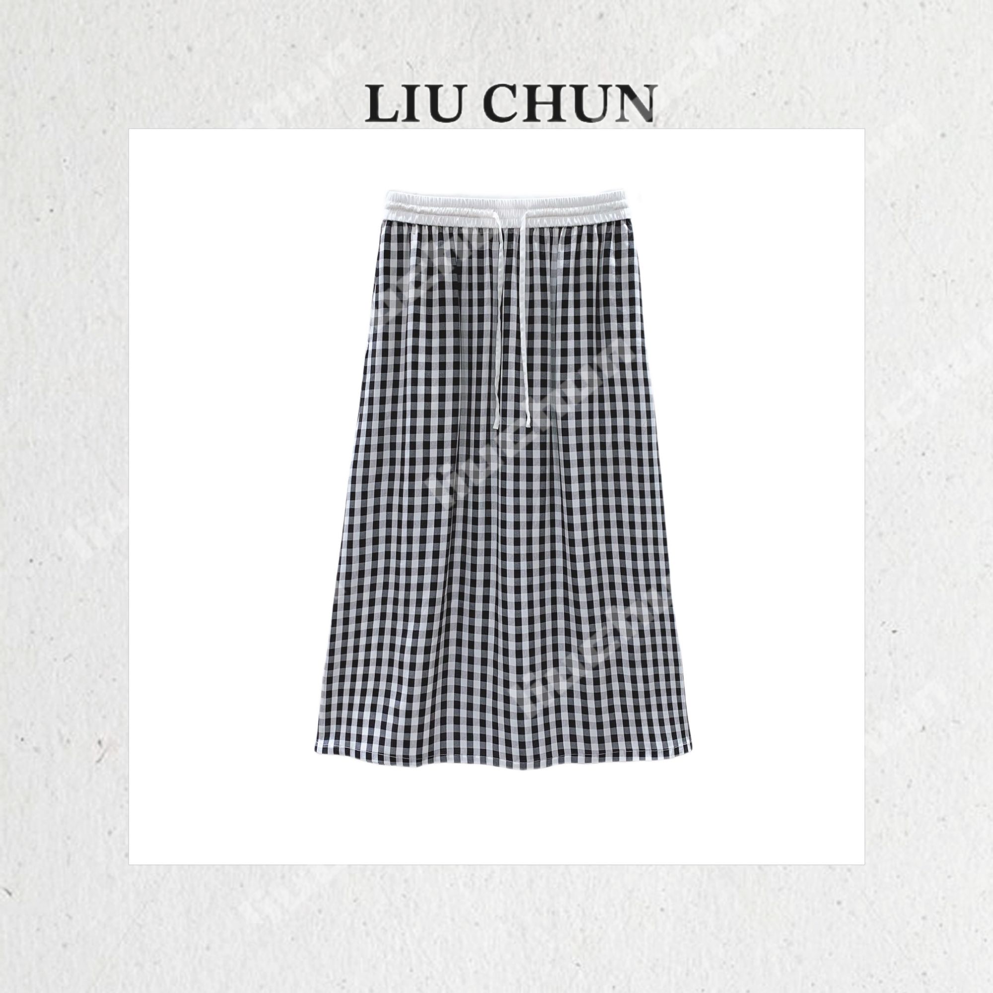 【棋盘格松紧腰】CHUN家夏季宽松时尚休闲桑蚕丝双绉半身裙