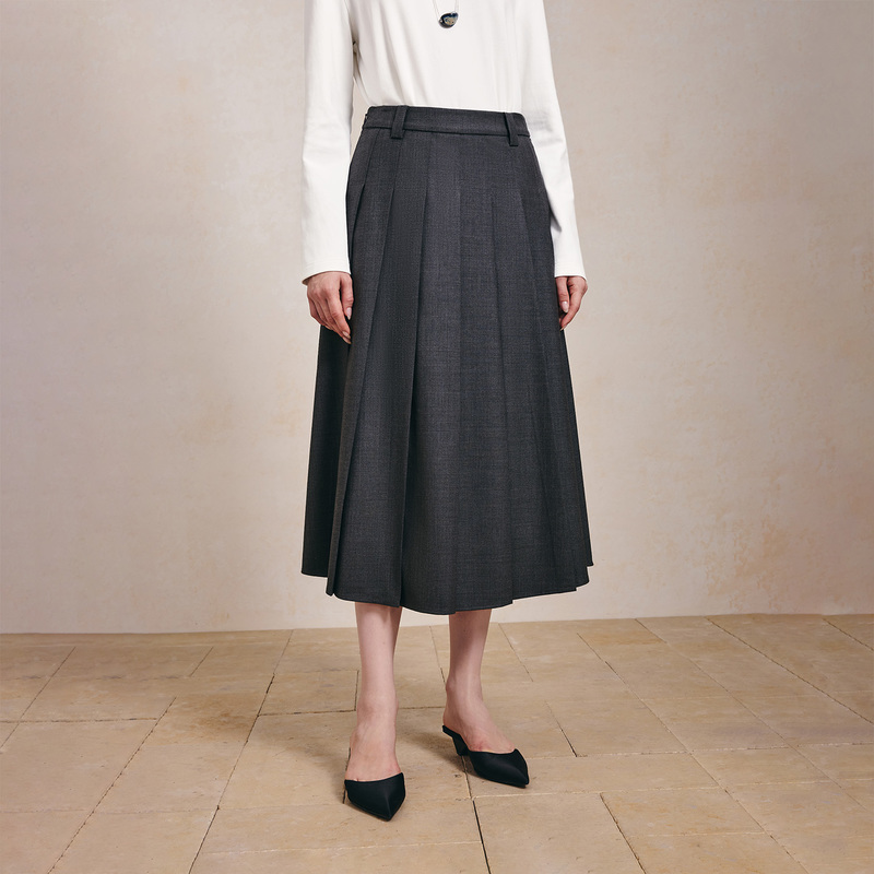 寺山文也 风吟/简约羊毛经典通勤百搭高腰百褶半身裙女秋冬新款