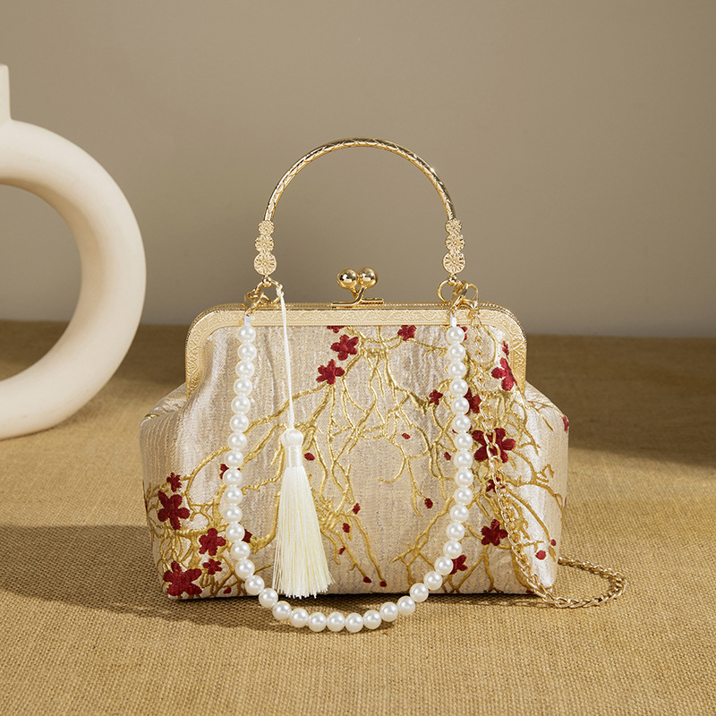 原创金底红花复古配旗袍汉服茶服婚嫁手提送长辈斜挎女古风喜婆包