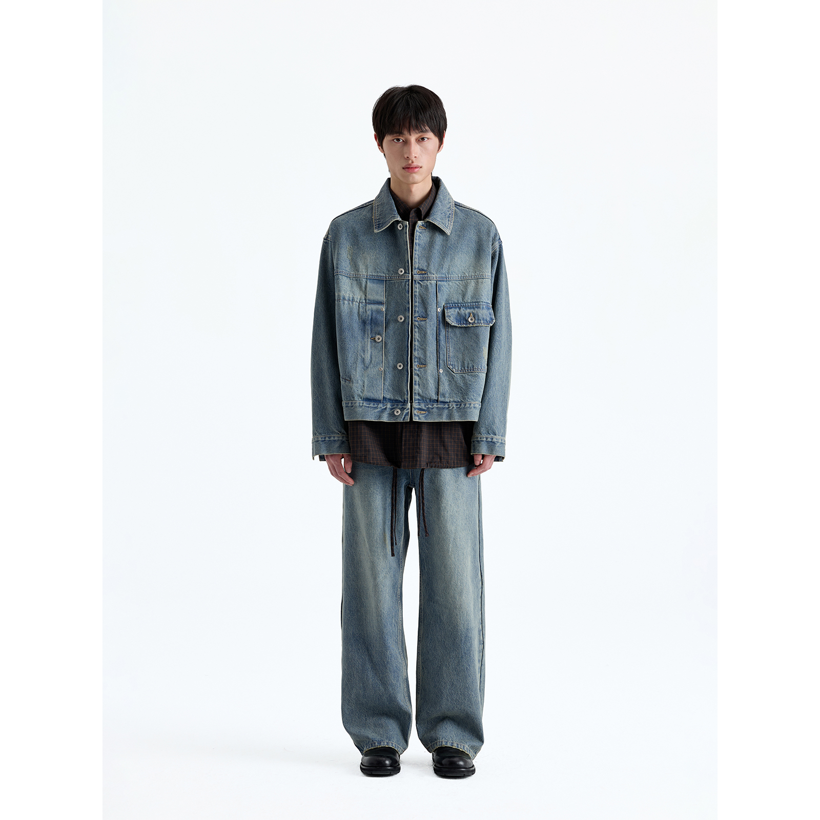 NANS STUDIO14OZ重磅粗斜牛仔做旧洗褪泥染工艺方领宽型短款夹克 