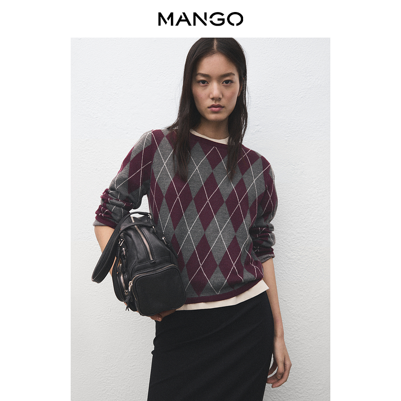 MANGO女装毛针织衫2025冬装新款英伦风复古菱形印花圆领套头毛衣