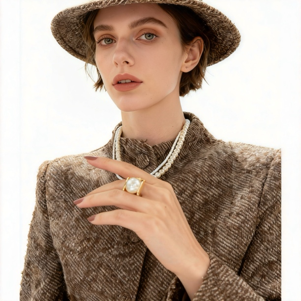 钛钢仿珍珠戒指 高级感大气夹珠戒指Y778