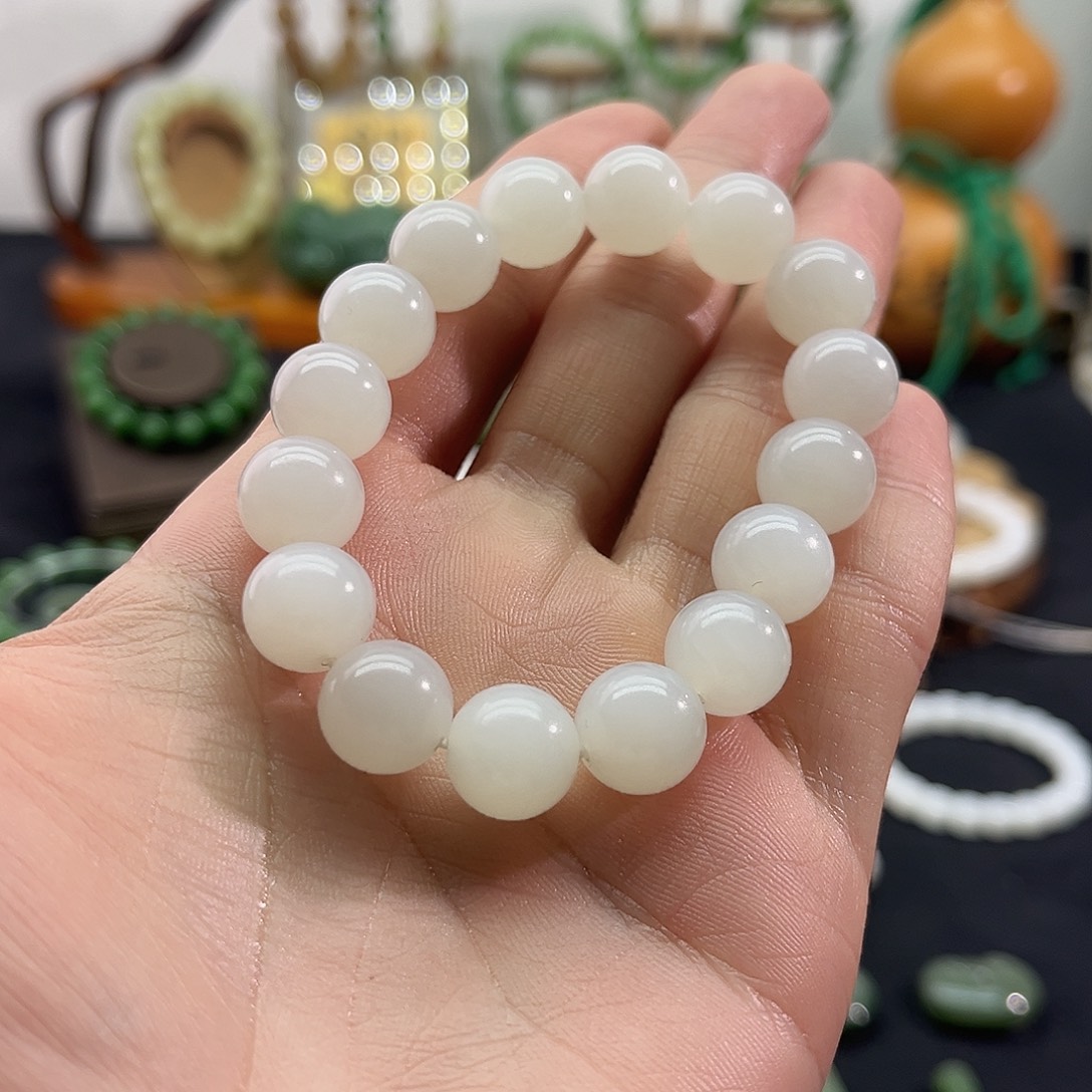 和田玉未镶嵌颈饰青海-白玉手串-12mm