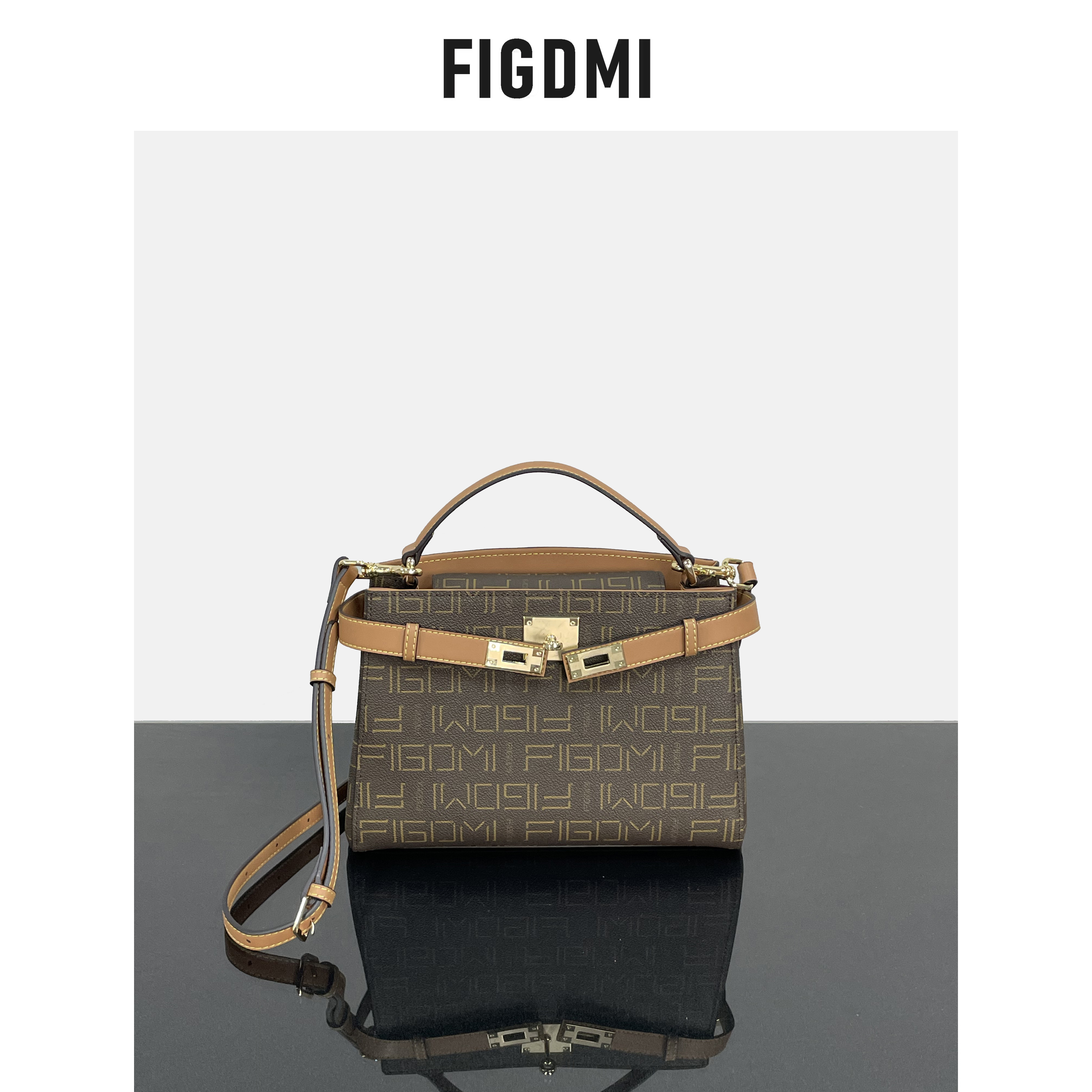 FIGDMI/菲格迪迈女包斜挎包单肩包撞色棕色复古盒子包凯莉包F55