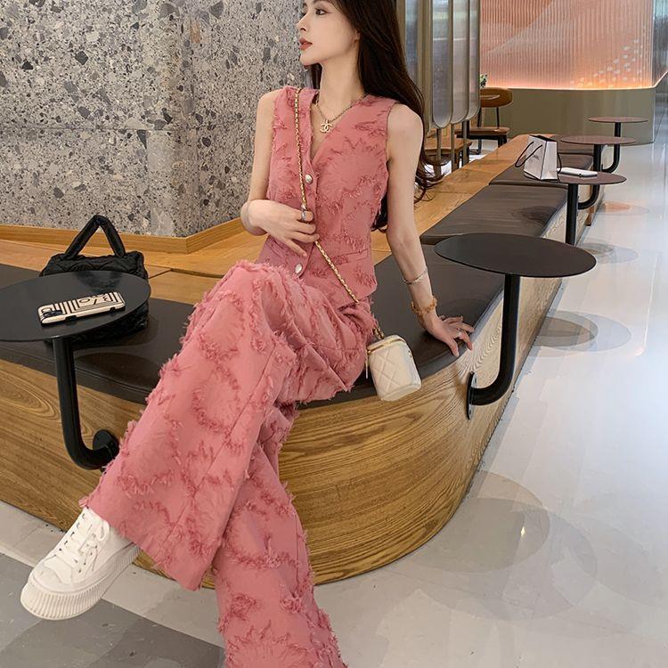 小香风套装女2025夏季显瘦减龄运动休闲西装马甲阔腿裤两件套显瘦