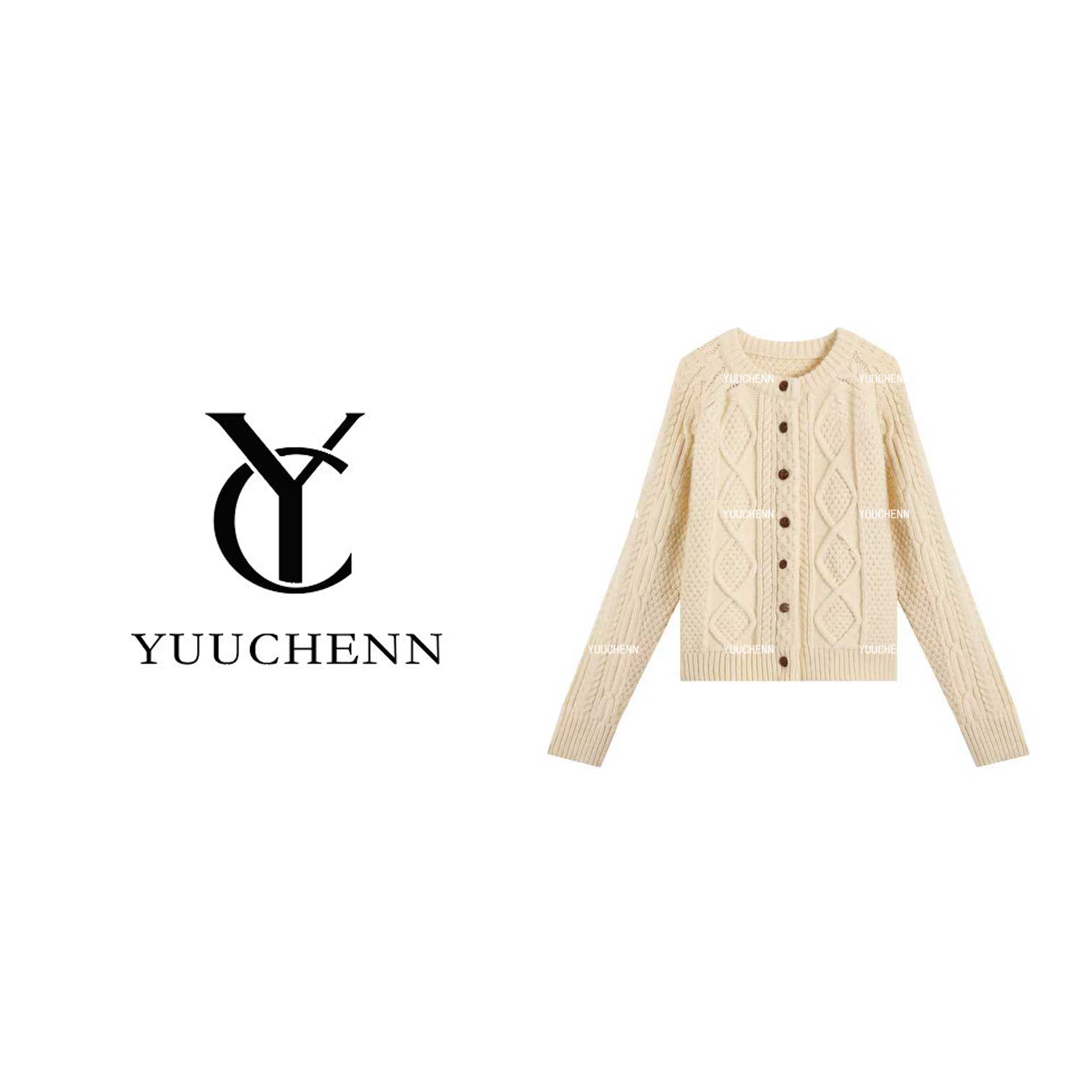 YUUCHENN 羊绒圆领麻花开衫毛衣女秋冬羊毛毛针织衫JYY-A10336