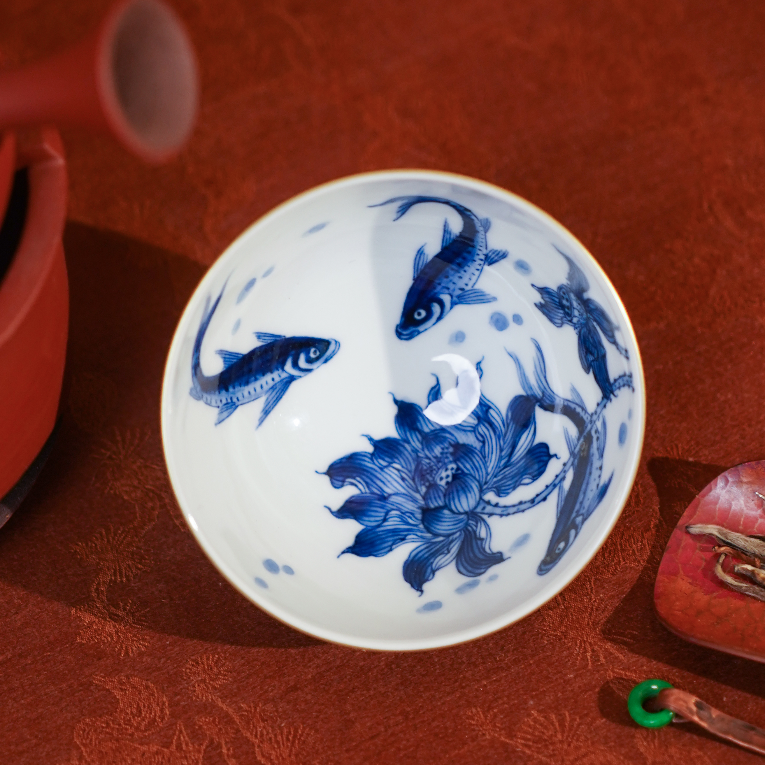 良朋   福利玫瑰红内绘荷花鱼鸡心杯   茶具茶杯纯手绘陶瓷