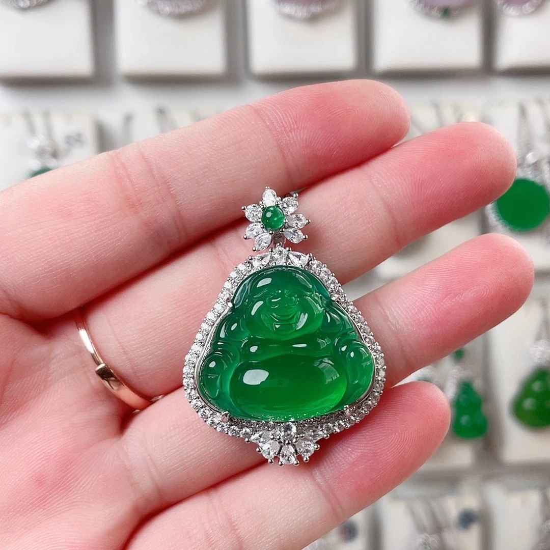 正品天然s925银镶嵌款满绿色玉髓中号佛公吊坠