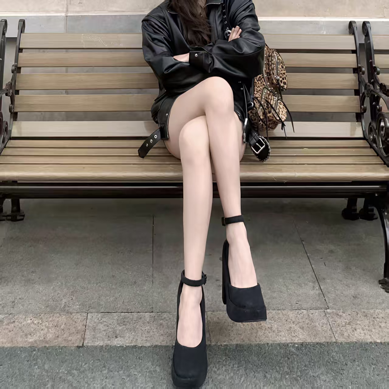 新款绒布腕带方头防水台高跟女鞋 C-864