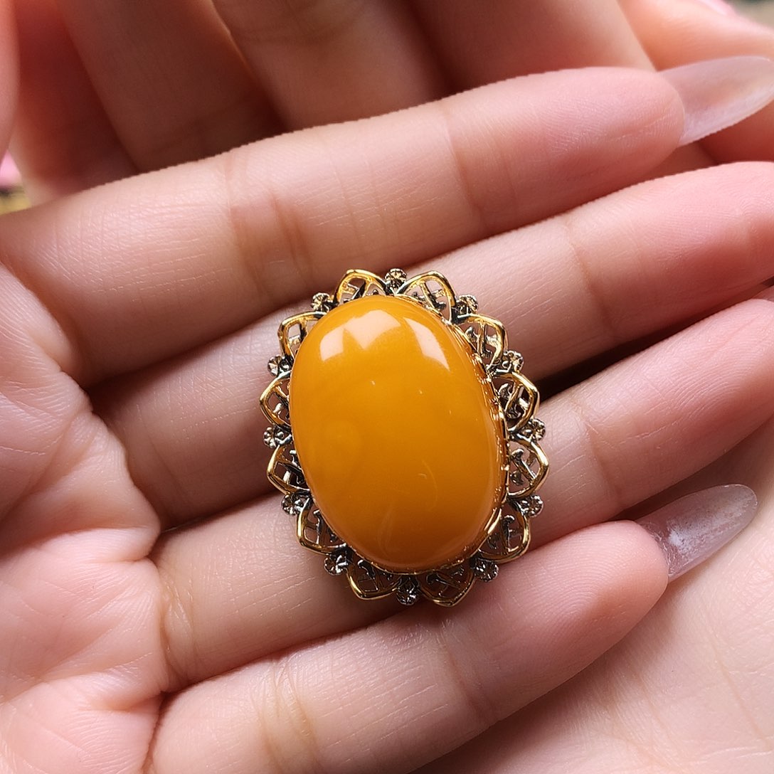 蜜蜡戒指银S925镶嵌戒指