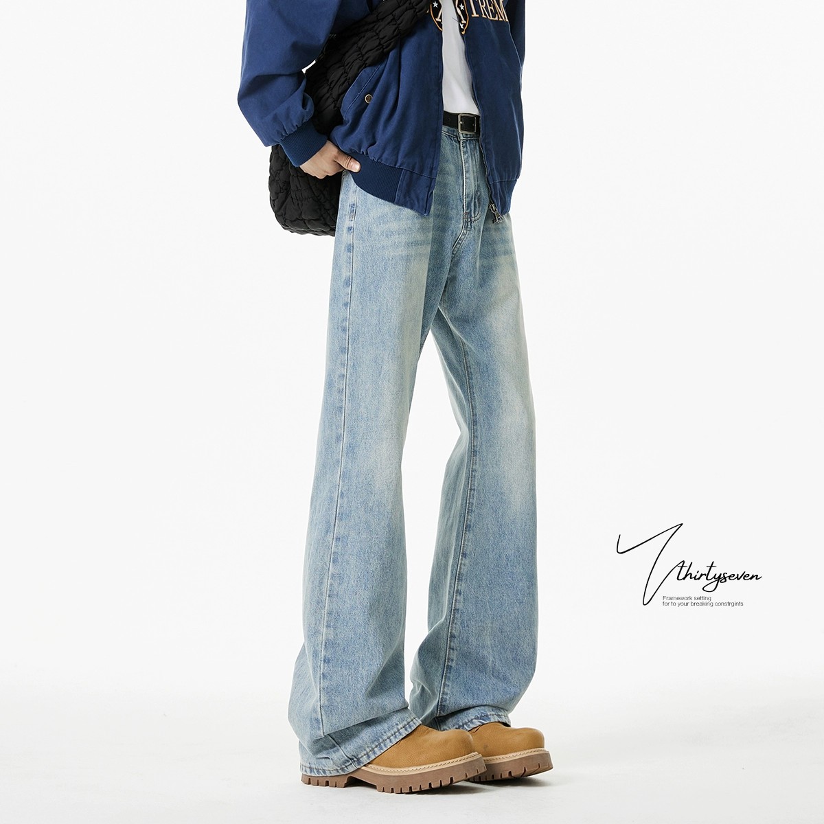 聚酯纤维50%美式窄版男阔腿裤修身微喇弯刀直筒宽松517潮牌春秋季