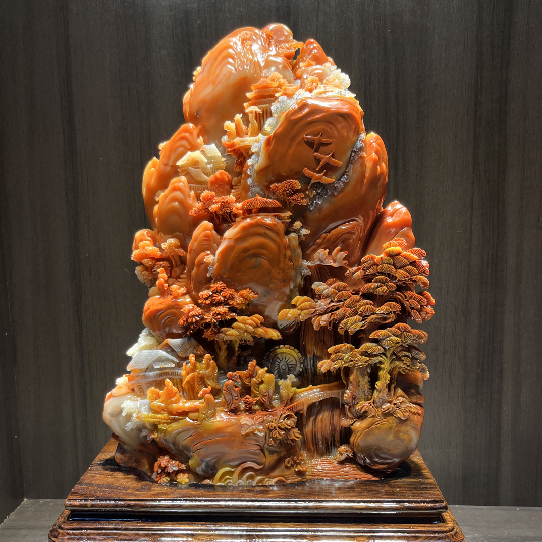 玄关客厅装饰寿山石雕刻山水作品、收藏佳品大好河山景观礼品手工