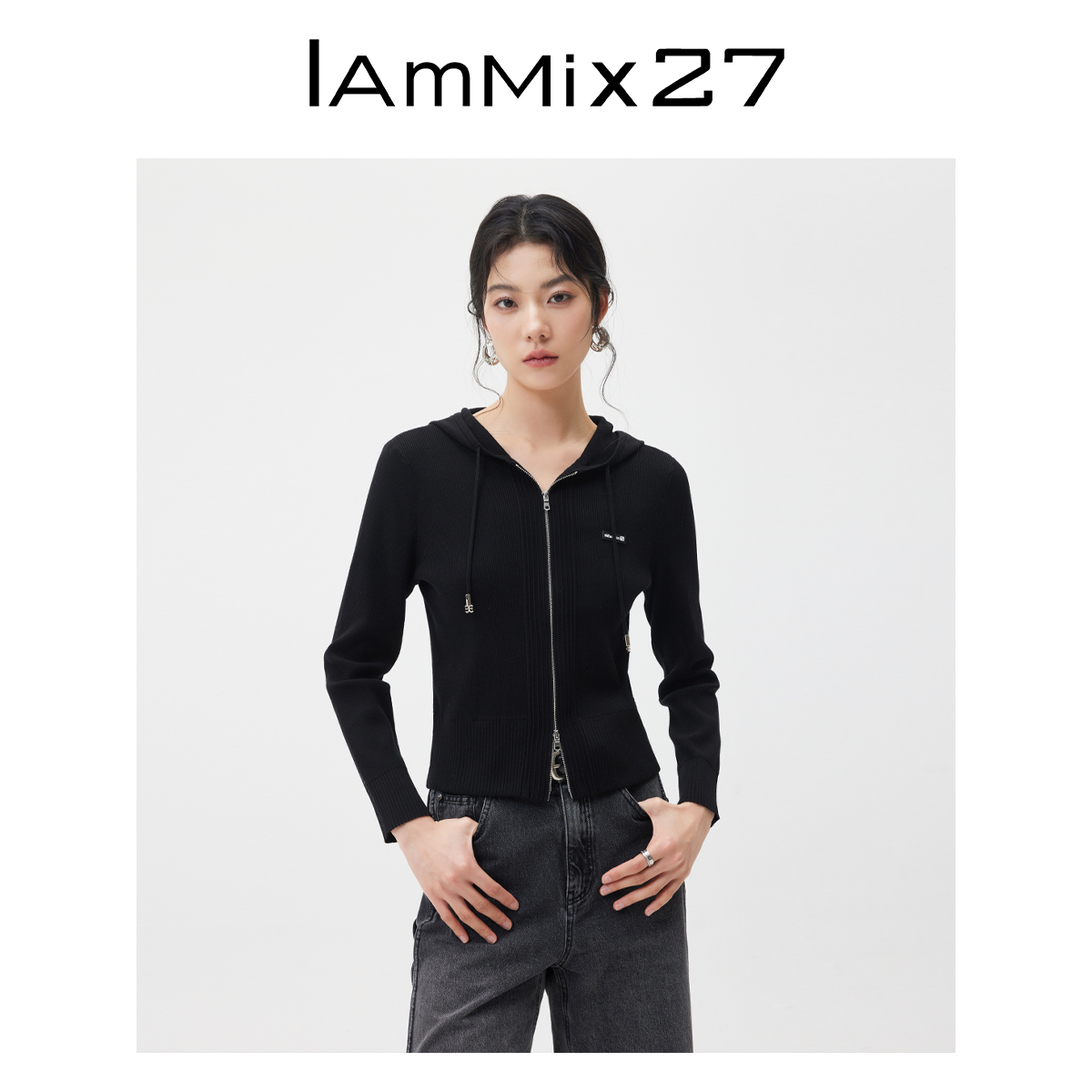 Iamx27开衫连帽毛衫黑色圆领针织上衣毛针织衫M4C5662