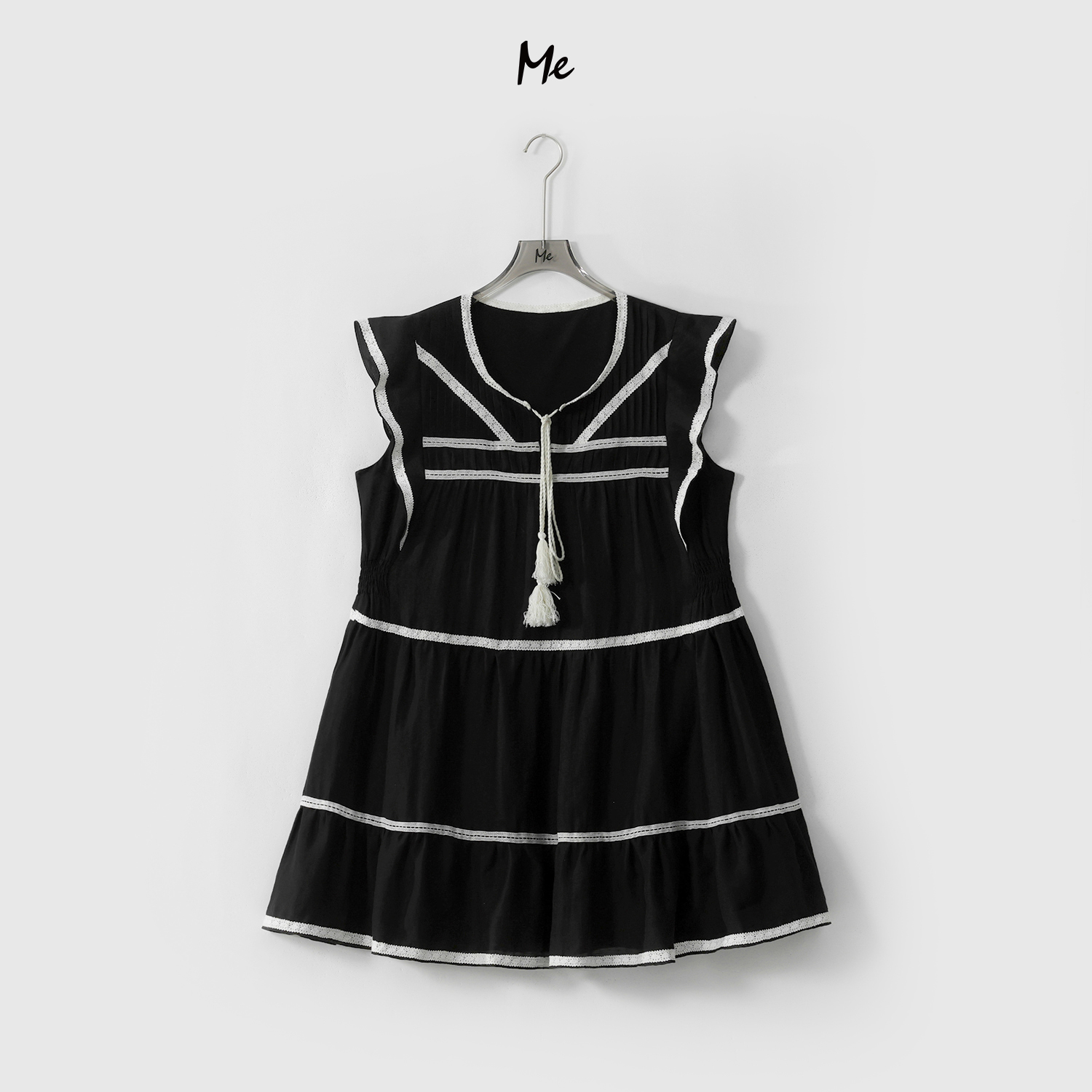 ME【黑白风琴公主裙】天丝醋酸混纺流苏飘带显瘦时尚连衣裙MESS6340