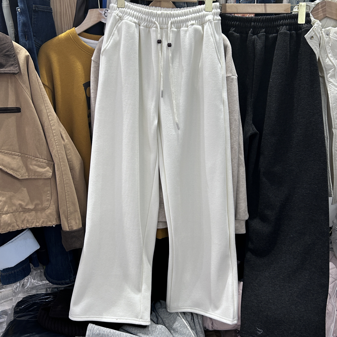 加绒糯米裤白色阔腿裤女2025新款秋冬季毛呢直筒运动休闲裤垂感