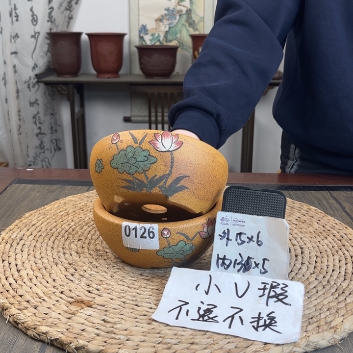 紫砂花盆微瑕柴烧手绘窝口两只0126