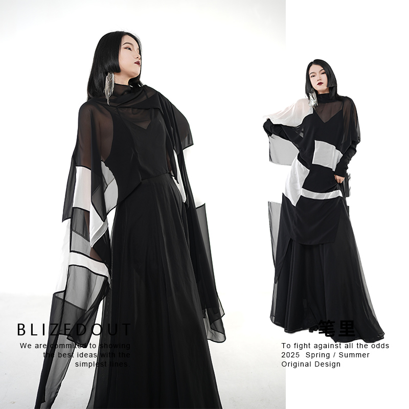笔里【BLIZEDOUT】独立设计黑白拼接三穿可拆卸袖子外搭上衣5082001