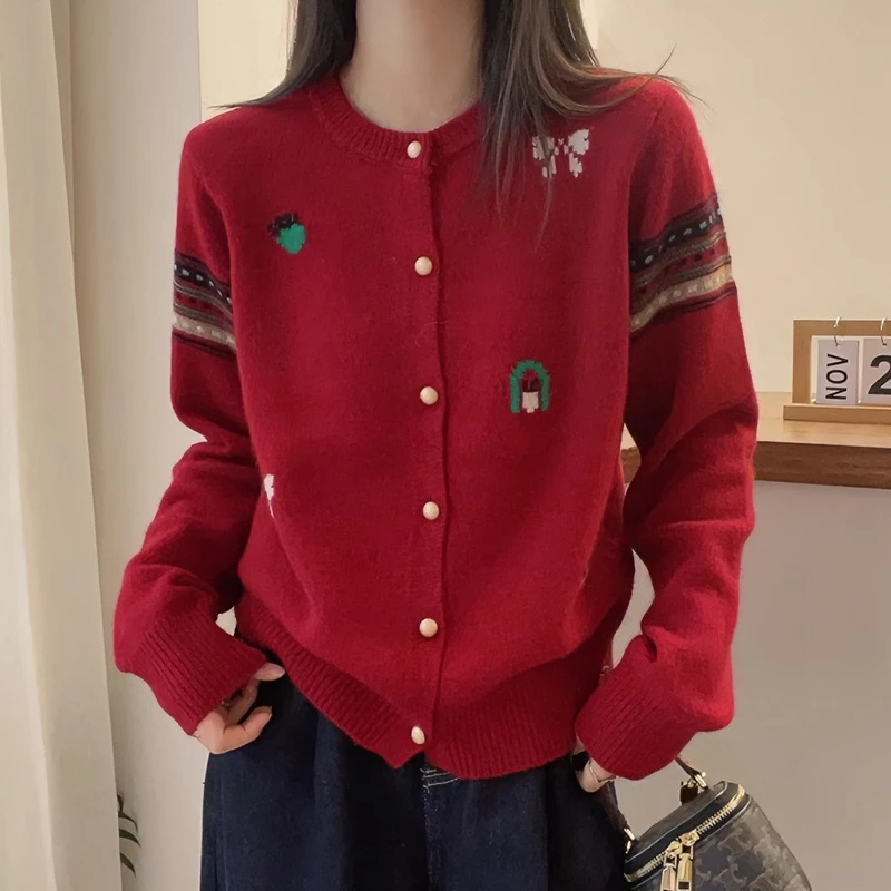 秋冬羊毛开衫女长袖圆领羊绒衫减龄春秋复古百搭显瘦针织毛衣外套