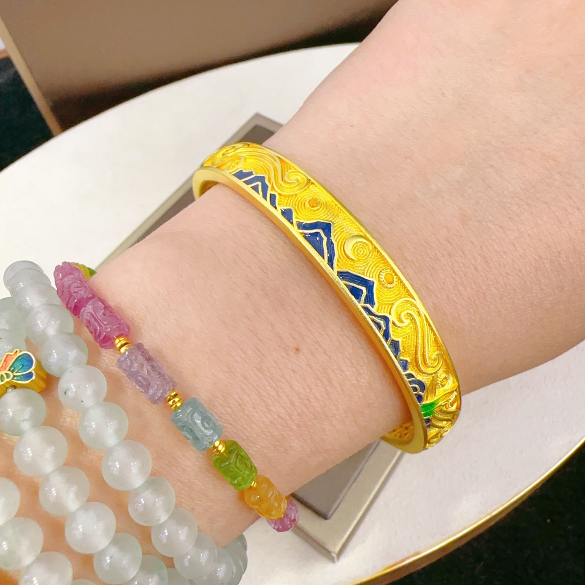 足银珐琅手镯 江山如画女款镯子