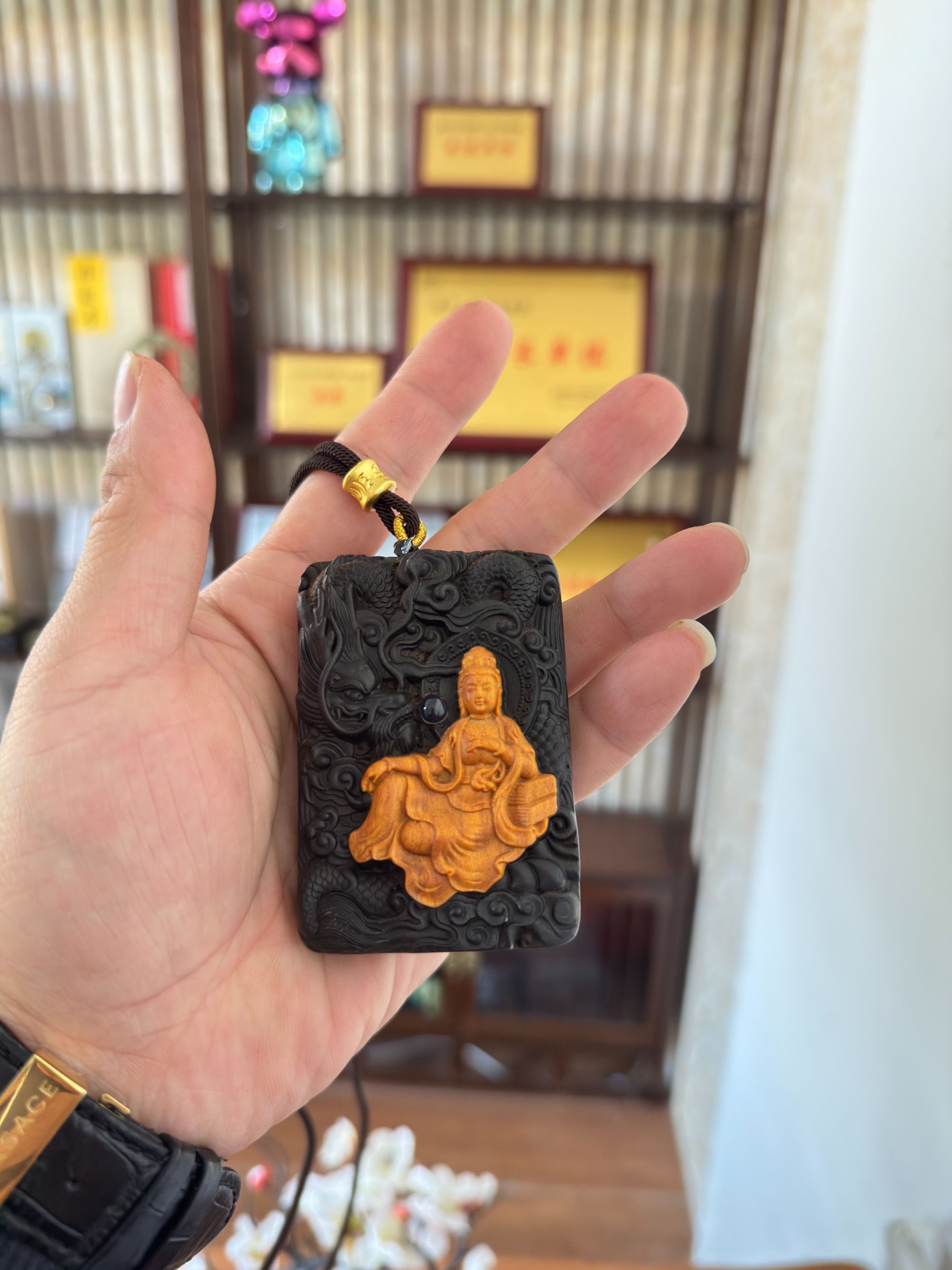 【凡言】木雕手工雕刻卧龙观音饰品挂牌（多样性发其一）