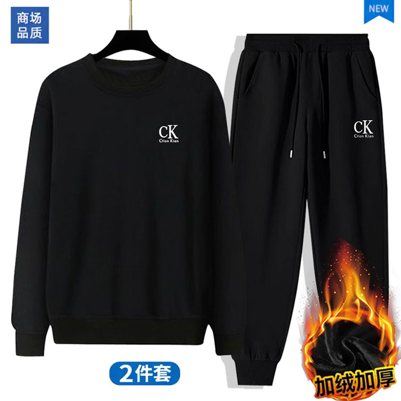 商场品质ck两件套加绒可选春秋冬季休闲卫衣长裤男士套装加厚情侣