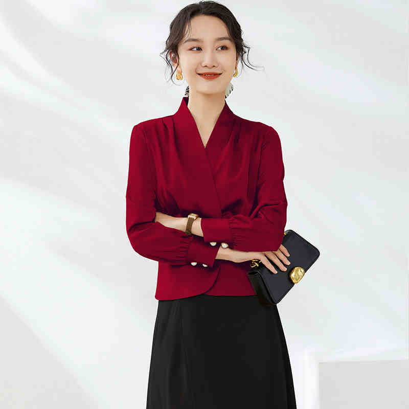 高端v领长袖雪纺衬衫女大码女装2025年新款胖mm遮肚初春上衣藏肉