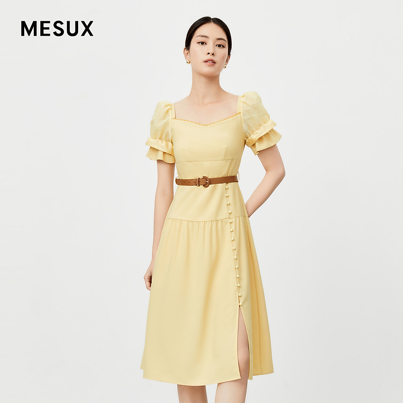 【羊羊专享】米岫夏新款宫廷复古泡泡袖大领口拼接短袖连衣裙