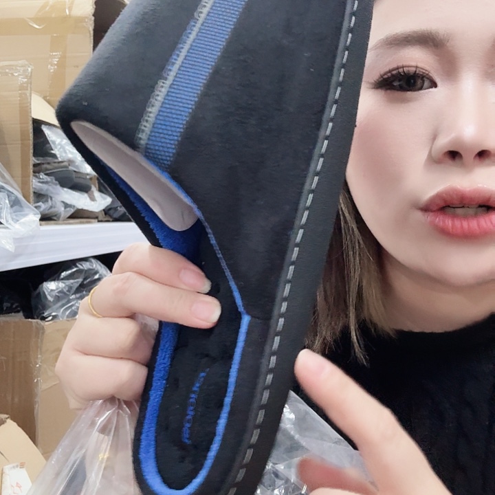 棉化纤黑色蓝条男士棉拖46码