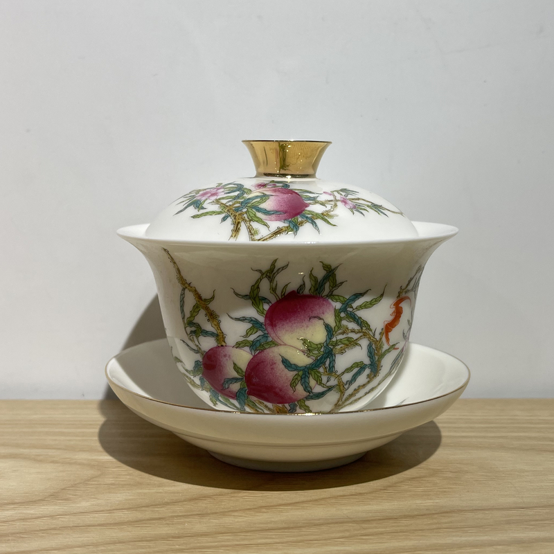 吾游茶器珐琅彩九桃五福三才盖碗家用陶瓷泡茶碗