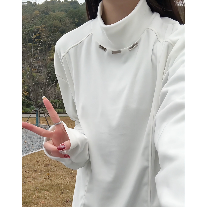 白色半高领德绒内搭打底衫男款秋冬加绒加厚解构卫衣保暖体恤上衣