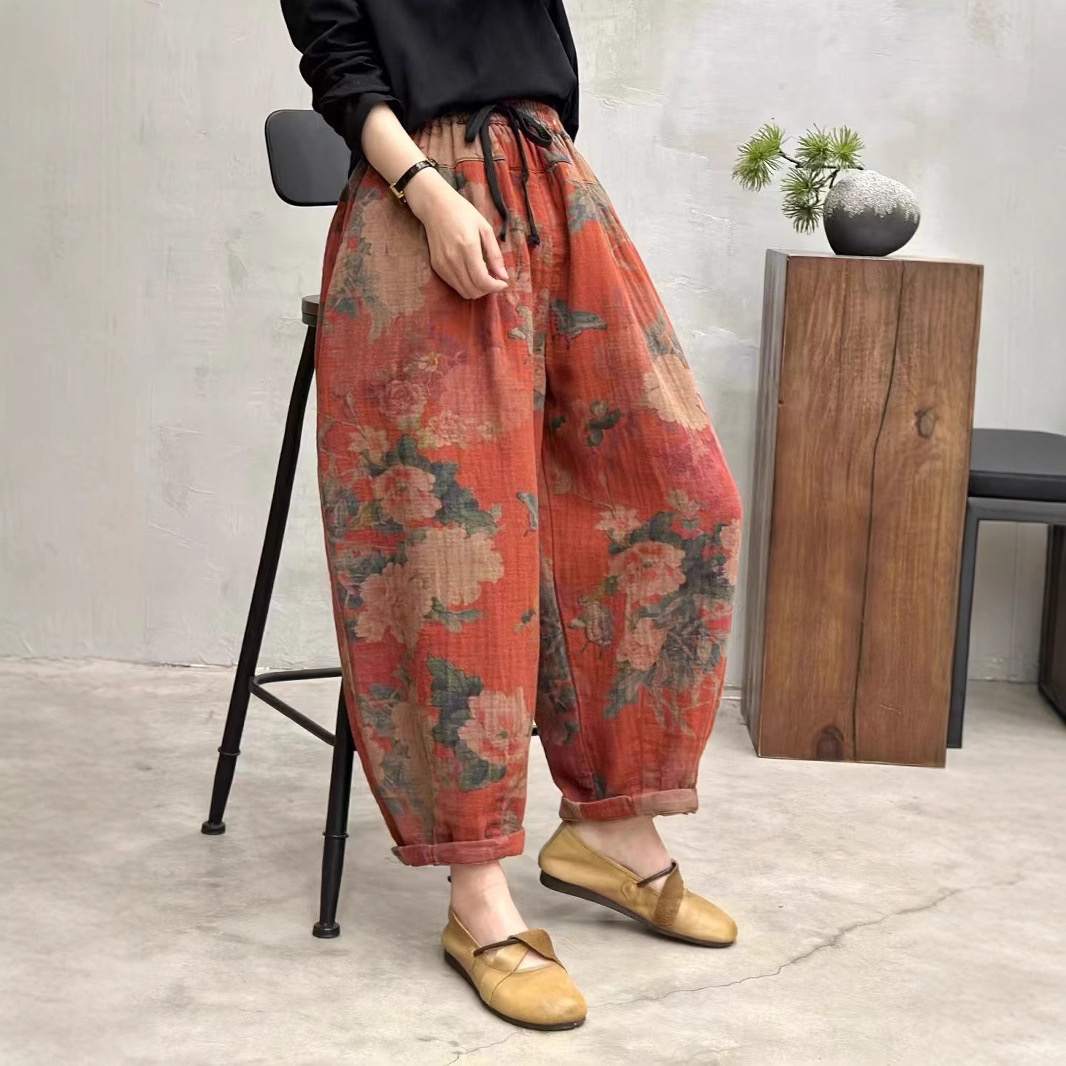 2025春款棉麻哈伦裤复古文艺风裤子