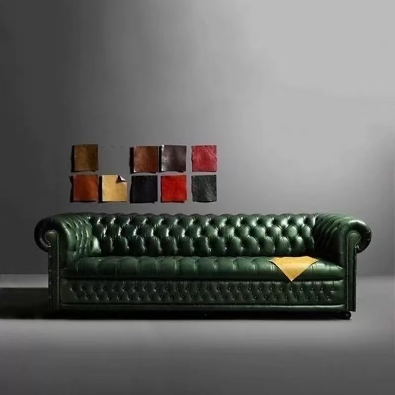 美式真皮沙发直排头层牛皮墨绿色别墅小户型复古油蜡客厅皮艺沙发