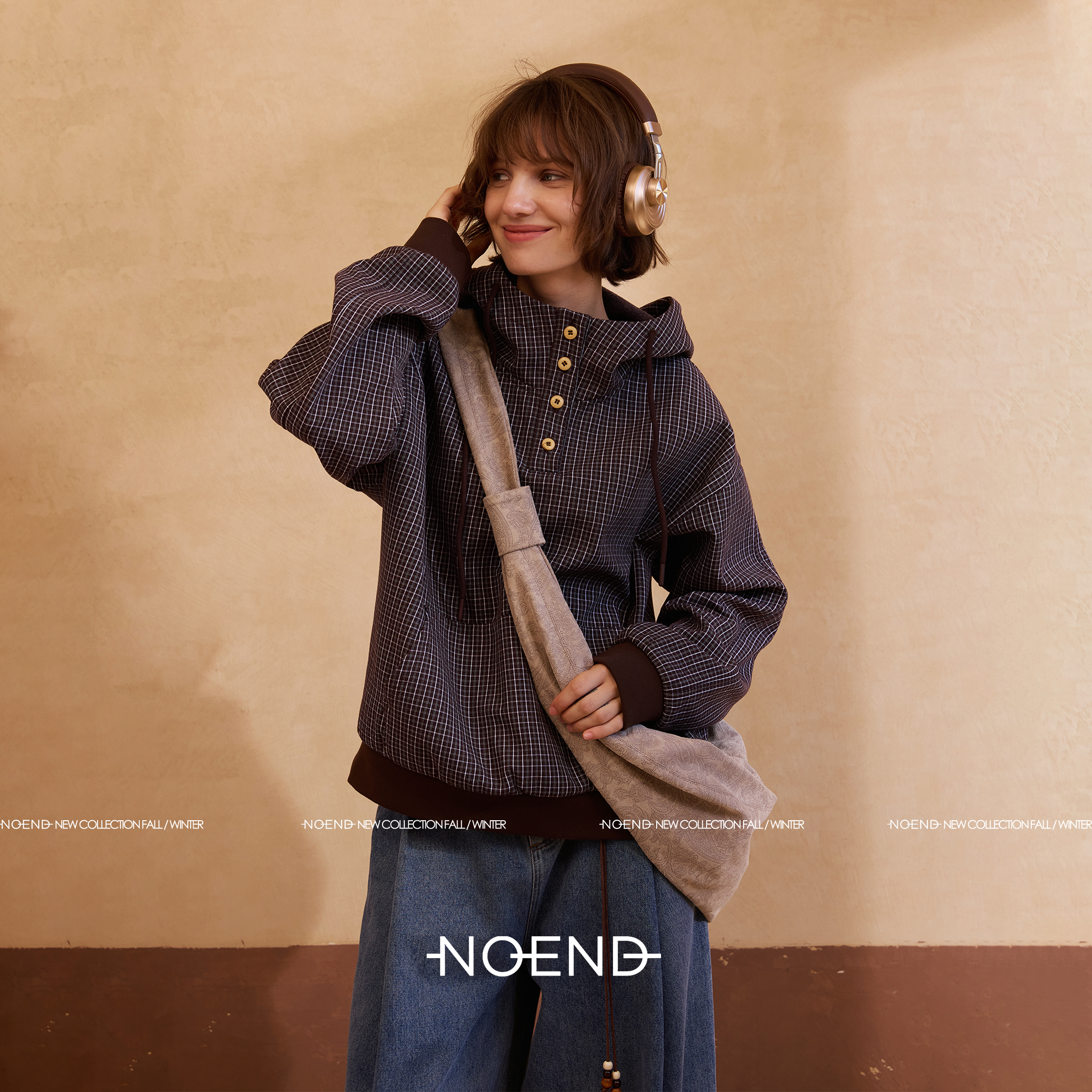 NOEND25/知识分子宽松复古可双面穿格纹连帽卫衣