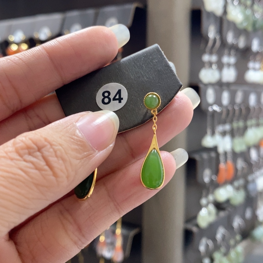 重***生和田玉银S925镀金镶嵌耳饰