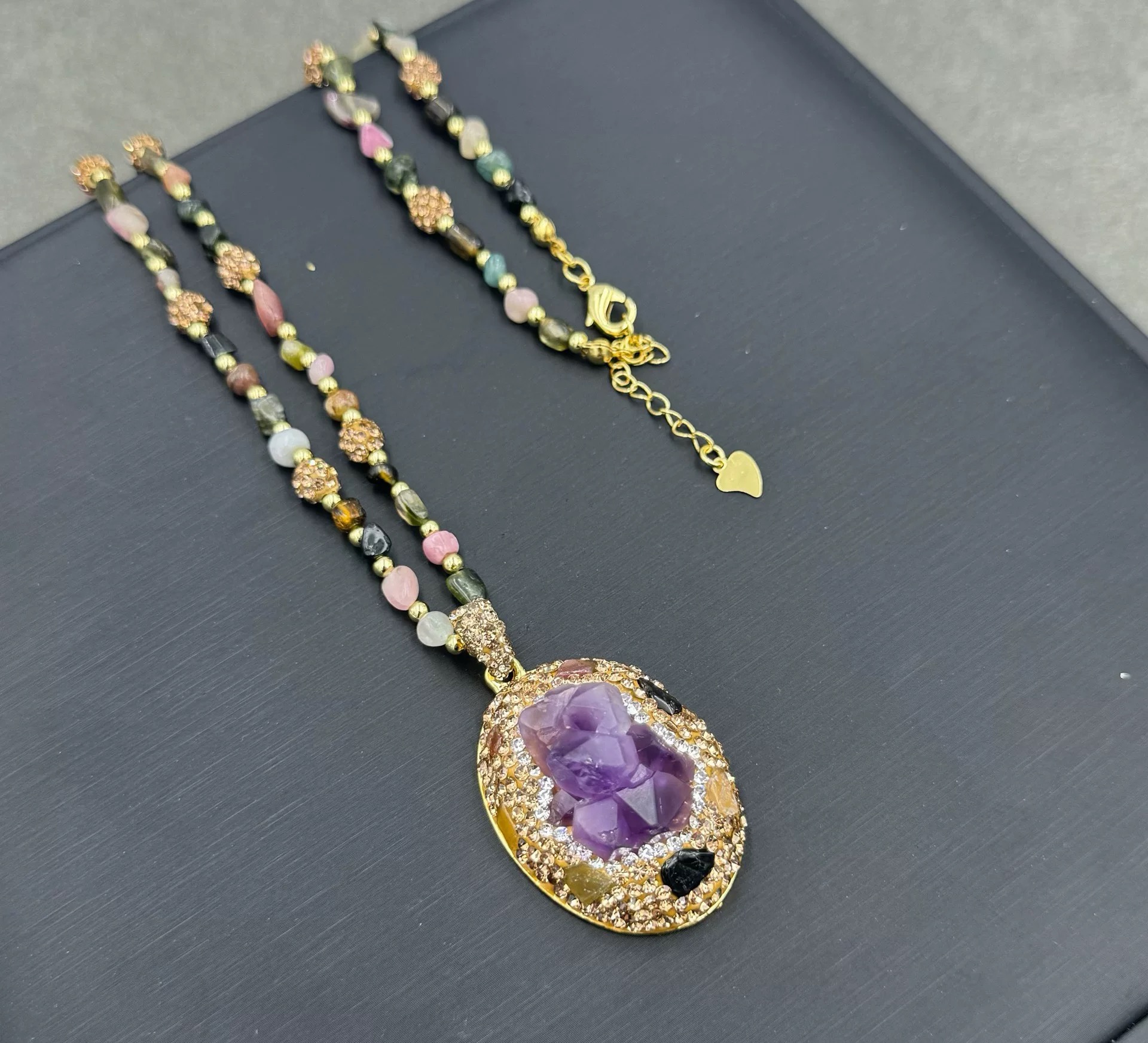 天然原石紫晶碧玺手工项链设计感小众轻奢高级感毛衣链女