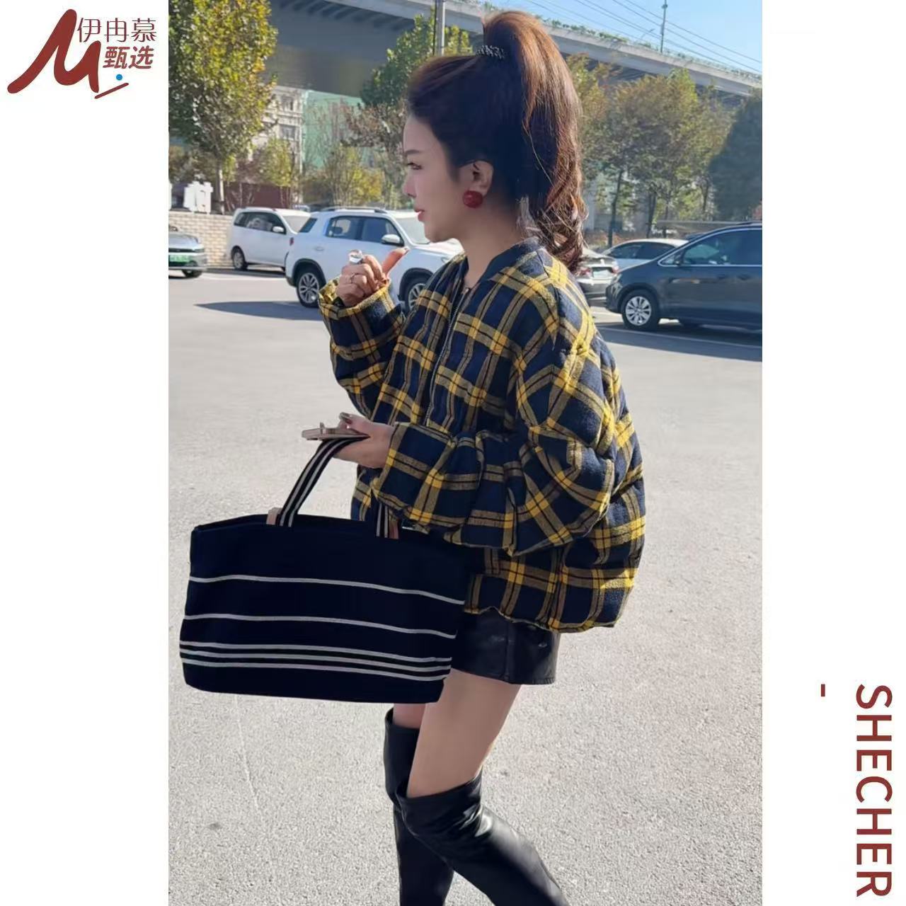 【伊冉慕严选】厚款落肩袖女欧货棒球领短款长袖格子羽绒服89029