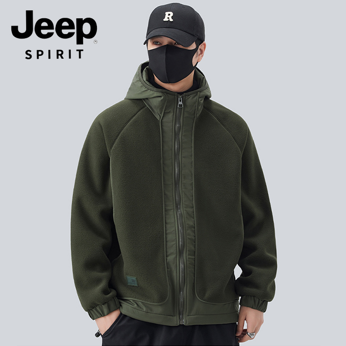JEEPSPIRIT吉普双面摇粒绒连帽外套男士秋冬季加绒夹克冬装棉衣服