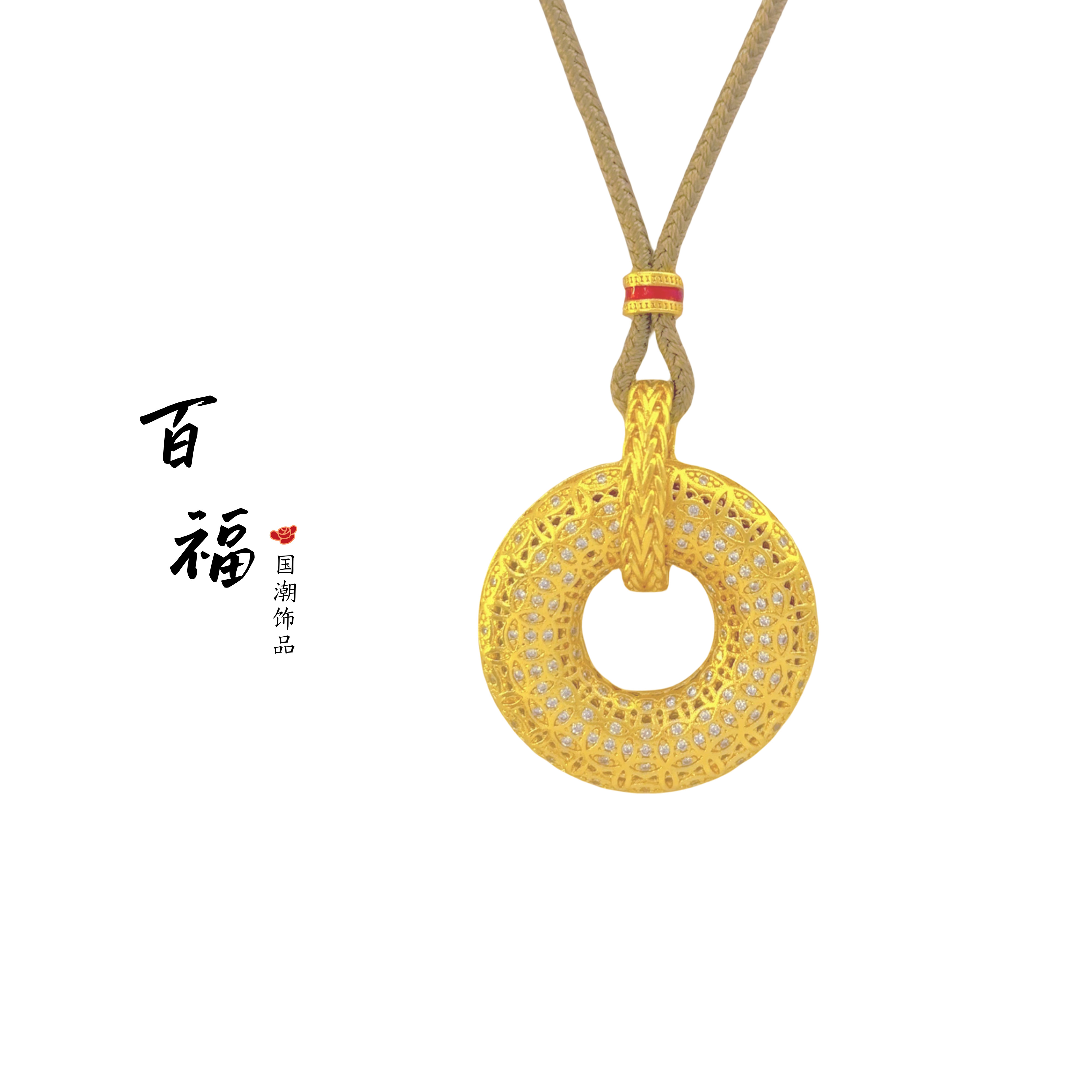 合金吊坠 铺家钱币平安扣吊坠精美镶钻气质毛衣链珠宝百搭项链