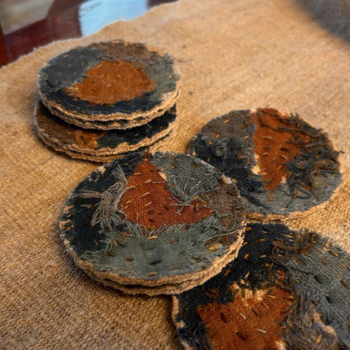 纯手工手缝植物染柿染拼接老麻柞蚕丝杯垫壶承垫